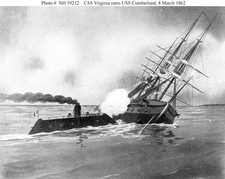 CSS Virginia rams USS Cumberland, 8 March 1862.jpg